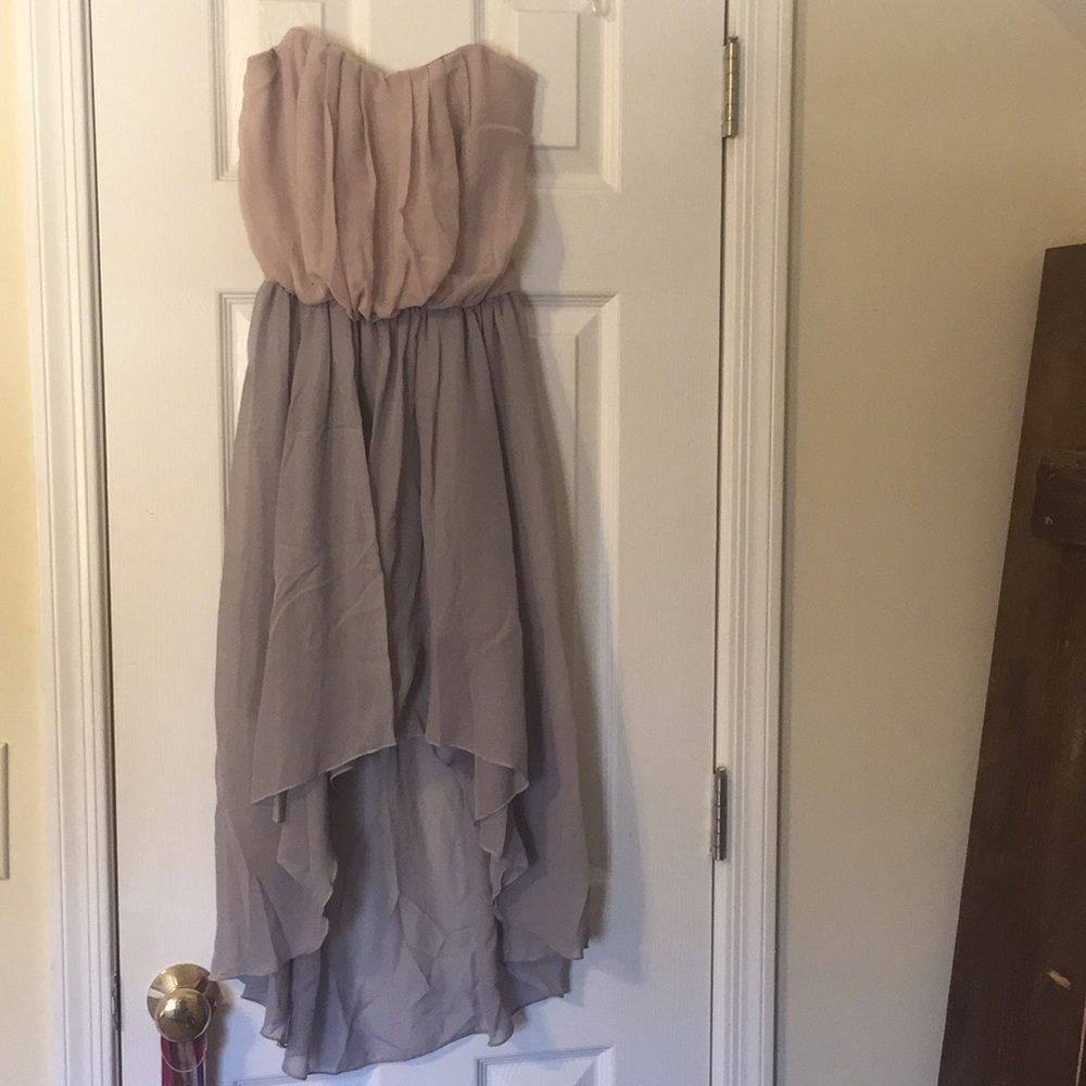 neutral high low dress strapless.